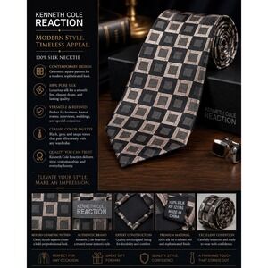 Kenneth Cole Reaction 100% Silk Geometric Squares Tie Black Gray Modern Classic